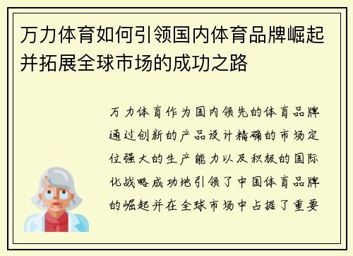 万力体育如何引领国内体育品牌崛起并拓展全球市场的成功之路